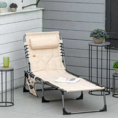 Outsunny Sun Lounger, foldable garden chair with headrest, side pocket, recliner with 5-position adjustable backrest, weather-resistant camping lounger with a weight capacity of 130 kg, for garden, beach, pool, Beige | Aosom