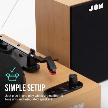 Програвач вінілу JAM з колонками Bluetooth – дерев'яний програвач пластинок з вбудованими колонками, 3 швидкості, пилозахисний ковпак, попередньо налаштований тонарм, засіб для чищення вінілу в комплекті, чорний