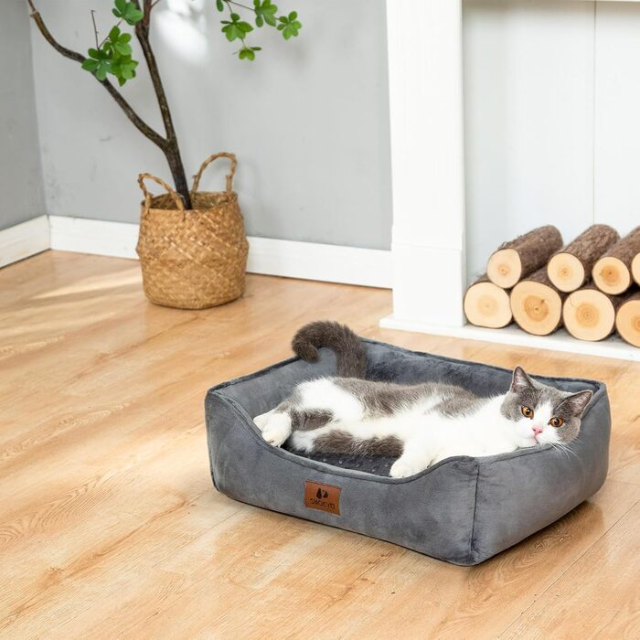 Dog Bed for Small and Medium Dogs 65x55x18cm, Washable Dog Cushions, Removable Cover, Dog Sofa Dog Basket with Raised Edges, Fluffy Cat Bed Dog Bed with Nubs, Dark Grey