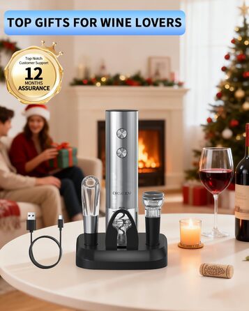 Електричний відкривачка вин CIRCLE JOY 6-в-1 з зарядною станцією, набір з нержавіючої сталі, з різаком фольги, аератором та 2 вакуумними закривачами