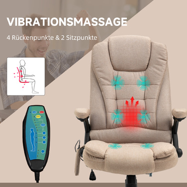Vinsetto Office Chair with Vibration Massage, Ergonomic Desk Chair with Heating and Recline Function, Adjustable Height Executive Chair with Remote Control, Side Pocket, Linen-Look, Brown | Aosom