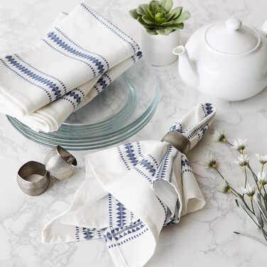 DII Zig Dobby Tabletop Collection, white cotton background with decorative stripes napkin set, blue (French Blue), 20