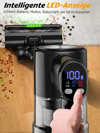 Бездротовий акумуляторний пилосос 48KPa/500W/55хв з LED-дисплеєм та станцією для зарядки, для прибирання шерсті тварин, килимів, твердих поверхонь та авто, чорний
