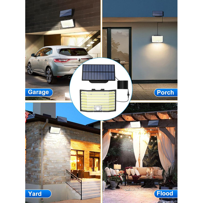 Сонячні вуличні LED ліхтарі з датчиком руху, 226 LED, 3 режими, IP65, 180° кут освітлення, настінні, з кабелем 5 м, для саду та гаража, 2 шт.