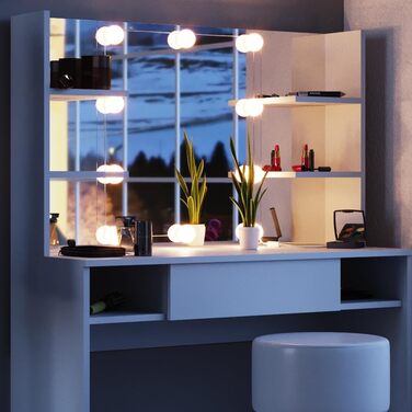Туалетний столик Vicco Daenerys 100 см, білий, з дзеркалом, пуфом і LED-підсвіткою