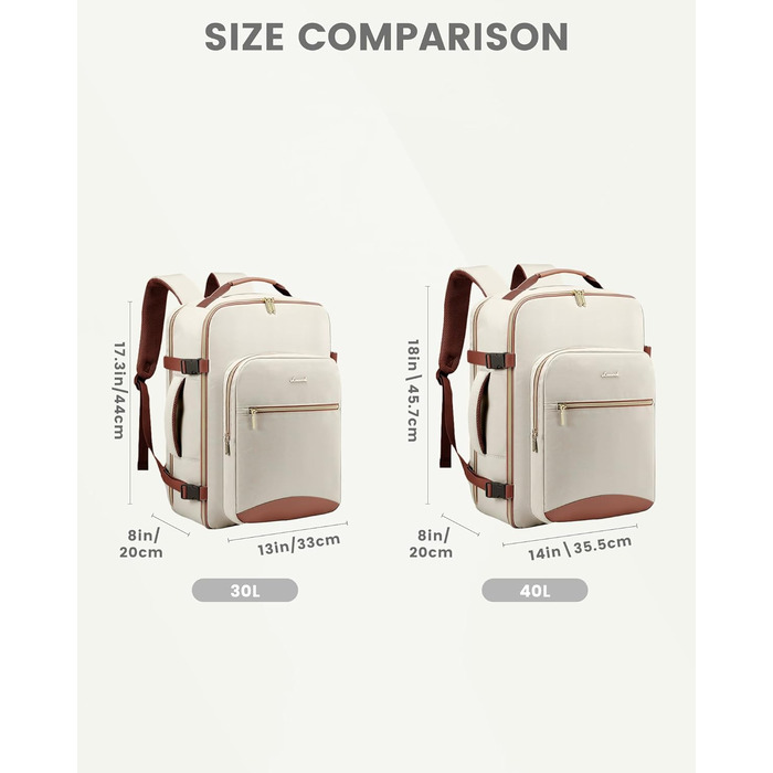 LOVEVOOK Рюкзак для ручної поклажі, 40L, для подорожей, ділових поїздок, валіза-рюкзак, водонепроникний, для ноутбука 17 дюймів, рюкзак для подорожей, кемпінгу, вихідних Beige+braun-30l
