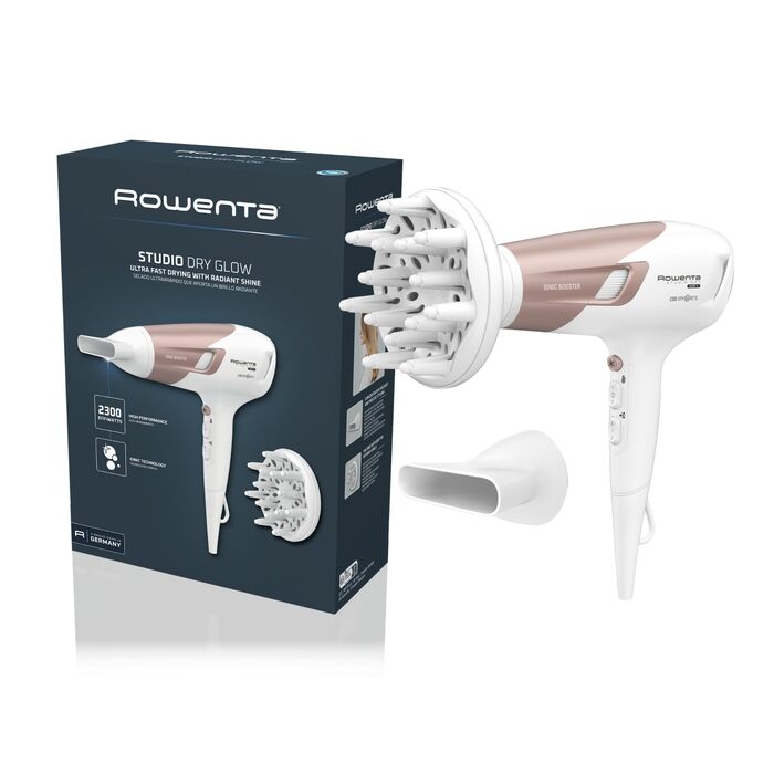 Фен для волосся Rowenta Studio Dry Glow CV5830 з дифузором для кучерявого волосся, 2100 Вт, іонізація, 3 температури, 2 швидкості, білий/рожеве золото