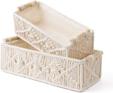 Macrame Hand Storage Baskets Decorative Box Handmade Woven Desktop Vanity Organizer Shelf Closet Organizer, Boho, for Bedroom, Kids' Room, Living Room, Set of 2, Ivory