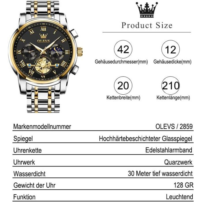 Годинник чоловічий OLEVS з металевим ремінцем, кварцовий, з місячною фазою, хронограф, водонепроникний (2859 Чорний / Двоколірний)