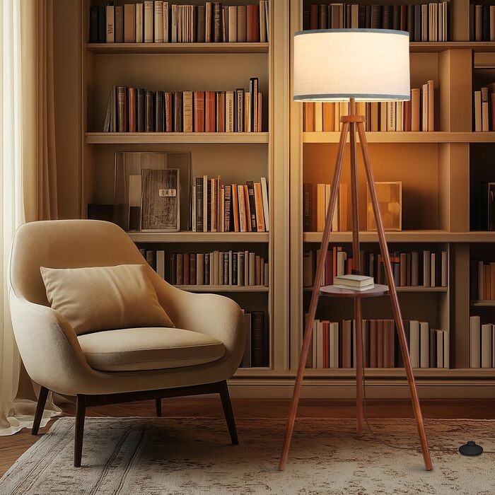 Стельова лампа з полицею, пульт дистанційного керування, 3 колірні температури, тринога, для вітальні, спальні, офісу (горіх), бежевий абажур