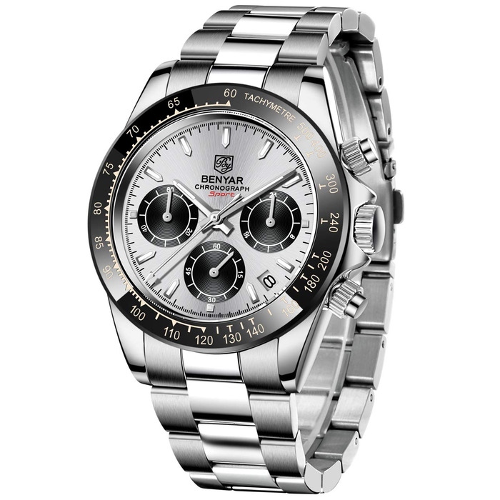 Чоловічий годинник BENYAR: Хронограф, кварцовий механізм, водонепроникний, з нержавіючої сталі, білий та чорний колір