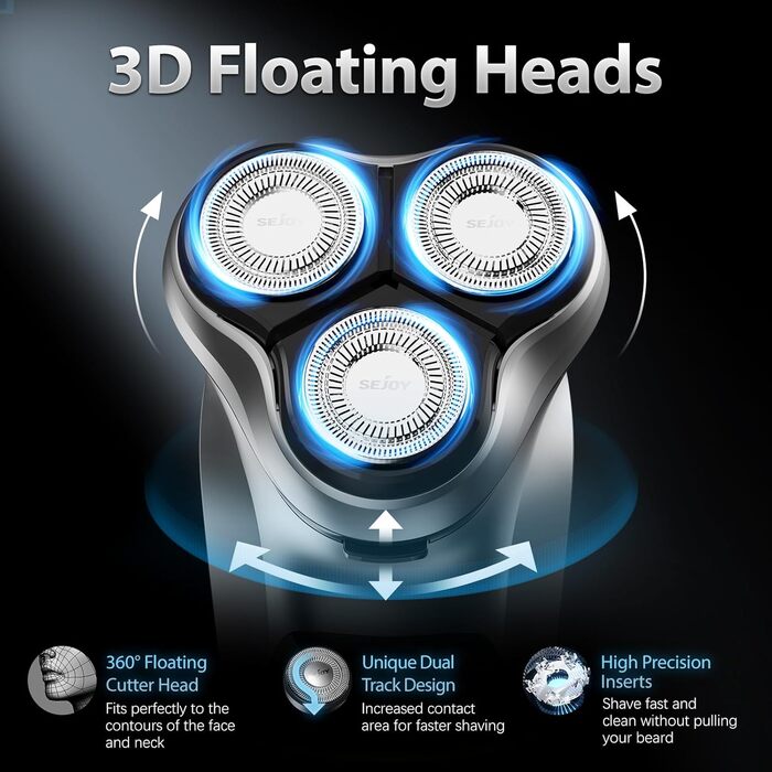 Електричний чоловічий бритва Sejoy, сухою та вологою, з поп-ап тримером, швидка зарядка 1 година, 3D плаваюча головка, LCD дисплей (сірий)