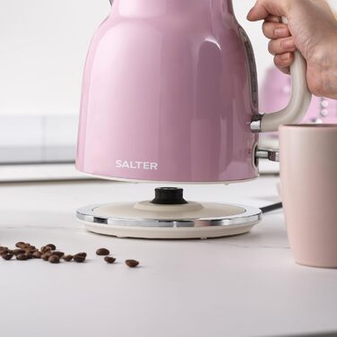 Електричний чайник Salter Retro 1.7L, 3kW, рожевий, знятний фільтр від накипу, бездротовий, з індикатором рівня води та захистом від сухого кипіння, EK5737PNKVDE