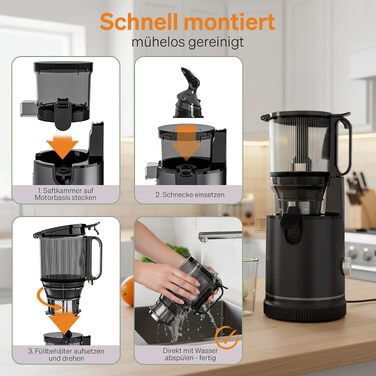 Шнекова соковижималка Entsafter Slow Juicer 250 Вт, XXL завантажувальний отвір 130 мм, без BPA (чорна)