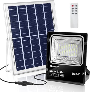 Aigostar Solar Floodlight Outdoor, Super Bright LED Floodlight with Solar Panel, Cold White 6500K, IP66 Protection Rating Solar Floodlight Spotlight Outdoor Floodlight for Garden, Door, Yard, Garage, etc. (100W)