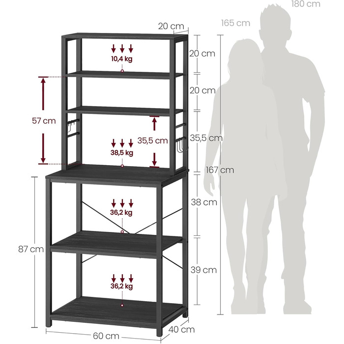 Стелаж кухонний VASAGLE, підлоговий, для мікрохвильової печі, 6 полиць, 6 гачків, сталевий каркас, рустикальний стиль, 40 x 60 x 167 см, золотий дуб + білий, KKS024W09