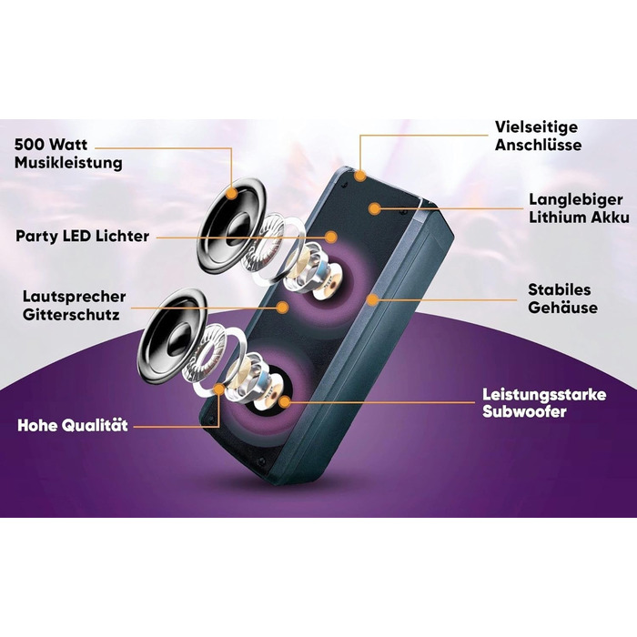 Портативна Bluetooth-колонка Reflexion PS09BT - 500W, Караоке, DJ, LED-підсвітка, Радіо, Мікрофон, Чорний