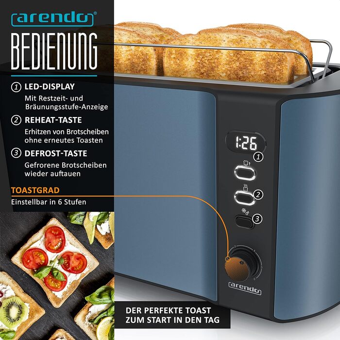 Набір чайник та тостер Arendo SET з нержавіючої сталі, блакитний. Чайник 1,5л, регулювання температури 40-100°C, тостер на 4 тости з LED-дисплеєм, 6 ступенів підсмажування та підставка для бургерів.