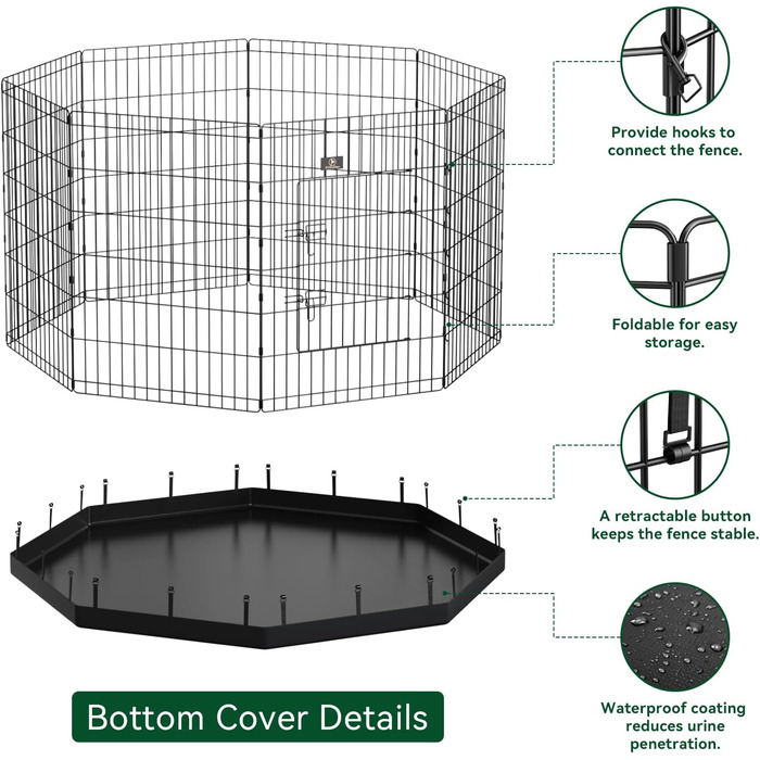Клітка-загончик для собак PJYuCien, 8 панелей, 61 см, для дому, з підлогою, металева, складна, для цуценят, тренувальний загін, для малих тварин, чорна