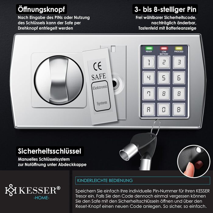 Електронний сейф KESSER® настінний, 31x20x20 см, з подвійним замком, внутрішнім освітленням, чорний (L)