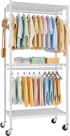 Вішалка для одягу на коліщатках, металева, з полицею та гачками (біла, 41x81x210 см)