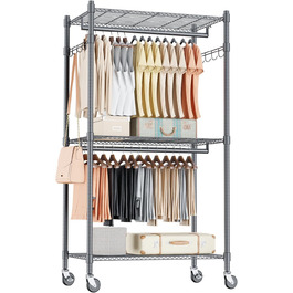Double Clothes Rack/Garment Rod with Adjustable Shelves, Heavy-Duty Clothes Rack with 2 Hooks, Clothes Rack with Wheels, 90 * 42 * 205cm, White (Gray, 60*42*205cm)