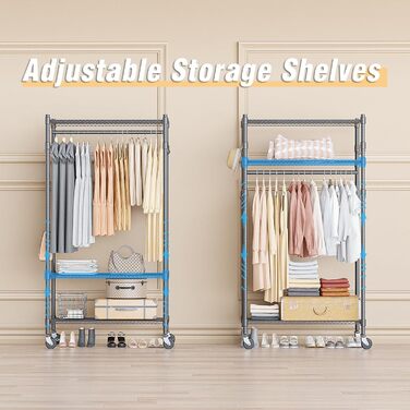 Double Clothes Rack/Garment Rod with Adjustable Shelves, Heavy-Duty Clothes Rack with 2 Hooks, Clothes Rack with Wheels, 90 * 42 * 205cm, White (Gray, 60*42*205cm)