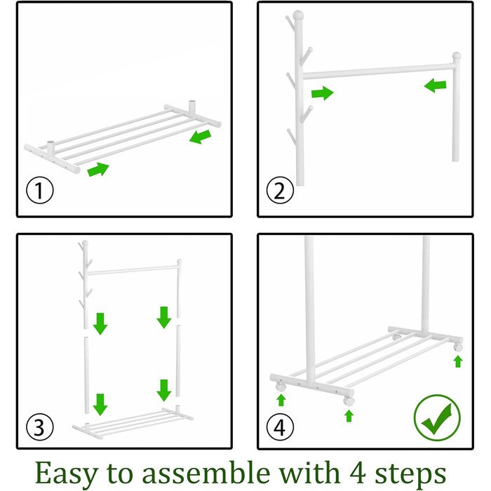 Clothes Rack Clothes Hanger Portable - Rolling Clothes Rack on Wheels With Bottom Shelves (White)