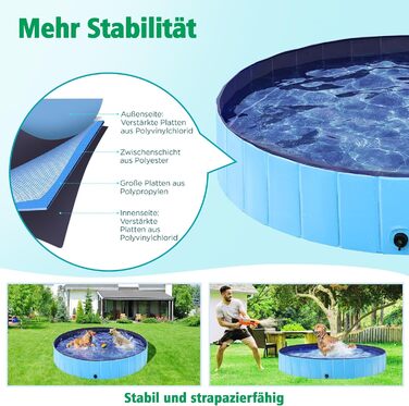 Yaheetech Foldable Dog Pool, Splash Pool for Dogs 160 x 30 cm, Anti-Slip Plates, Quick Drainage, Dog Bathtub with Bath Brush & 4 Patches, Thickened PVC Swimming Pool, Blue