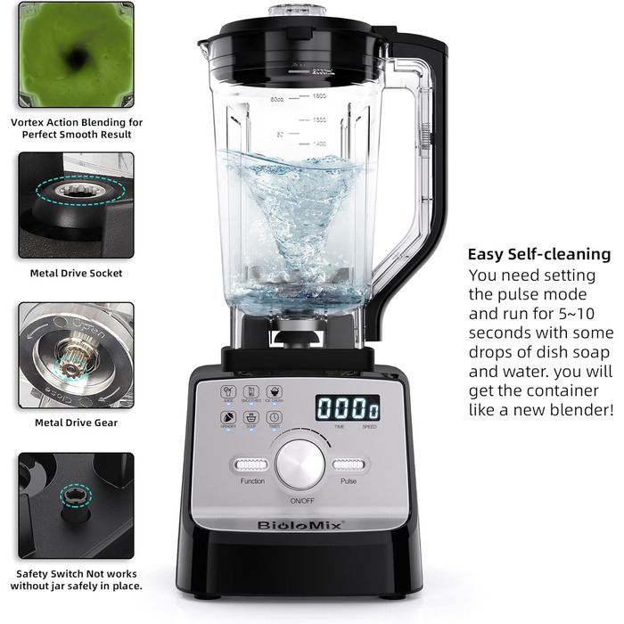 BioloMix High-Performance Blender 2200 W, Self-Cleaning Function, Stand Mixer 2L Container and 600ml Travel Cup BPA Free. Smoothie Mixer (T5900, Black) T5900 Black