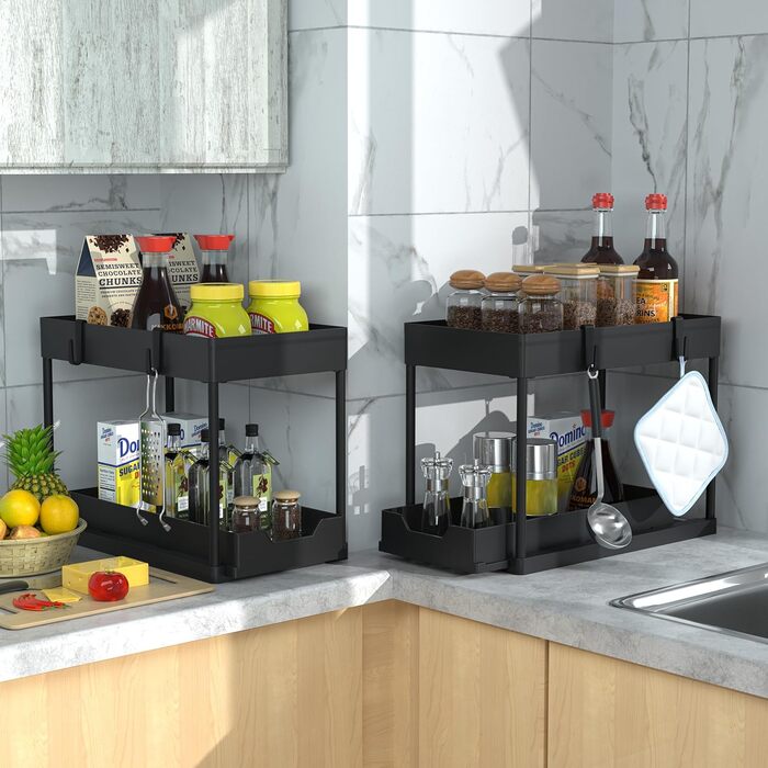 DEKAVA Kitchen Organizer, 2 Under Sink Shelf, Closet Kitchen Organizer with 4 Hooks, Closet Basket for Kitchen, Bathroom, Cleaning Supplies, Detergent (Black)