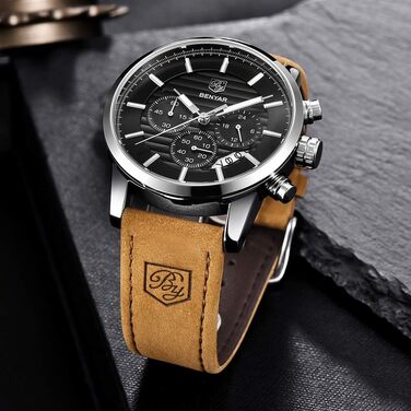 Годинник чоловічий Benyar: кварцовий хронограф, водонепроникний, з нержавіючої сталі, стильний аксесуар для бізнесу, спорту та відпочинку (колір: коричневий, срібний, чорний)