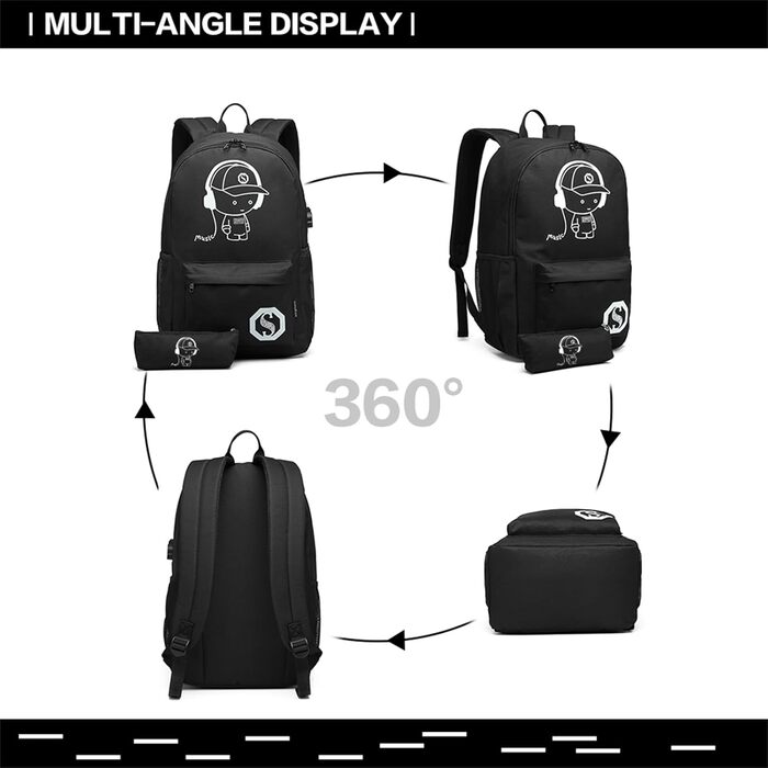 Шкільний рюкзак KONO для підлітків, чорний, світловідбиваючий, легкий, водонепроникний (30x17x48 см)