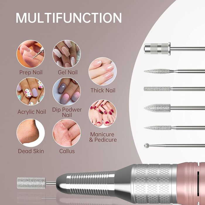 Електрична шліфувальна машинка для нігтів Kredioo з LED-дисплеєм, 35000 об/хв, для гелю та акрилу, 6 насадок, для професійного та домашнього використання, Champagner Gold