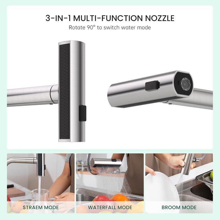 Чорний кухонний змішувач Appaso з висувною лійкою, 360° обертання, 2 режими струменя, для кухні | З нержавіючої сталі, водоспад