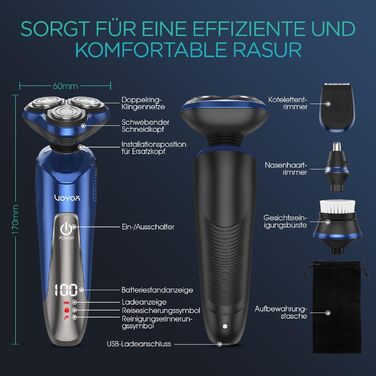 Електричний чоловічий бритва VOYOR TX410: ротаційний, мокрий/сухий, LCD, для подорожей (синій)