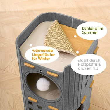 Котяча кігтеточка преміум-класу з 4 ярусами та 3 будиночками, філц, 90 см, зелений (сірий), 35x35x90 см