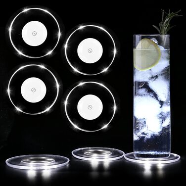 MEDOYOH Cool White LED Coasters, Glowing for Drinks, ON/Off Switch, Drink Coaster Set, Waterproof Acrylic Coasters Round for Glasses Bottles Parties Weddings Bar Christmas Pub (Cool White LED Coaster Set, 4-Pack)