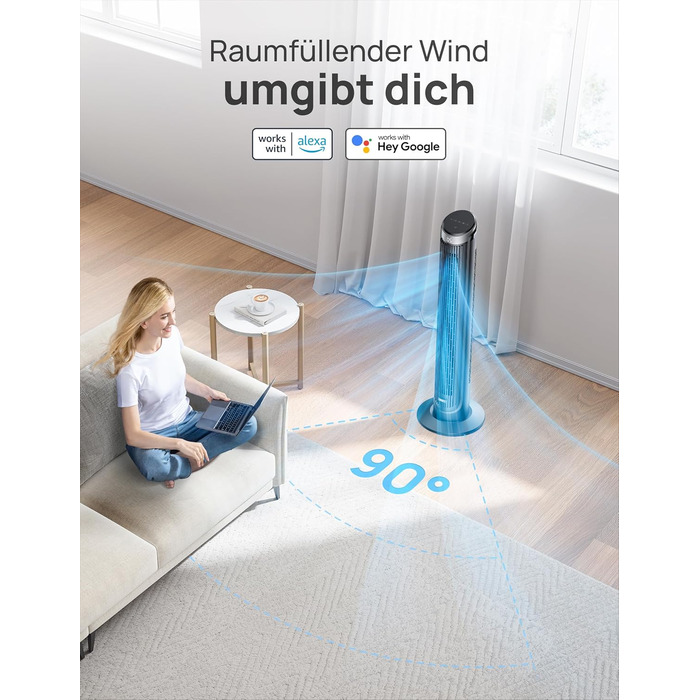 DREO Smart Tower Ventilator: Тихий вентилятор з Wi-Fi, дистанційним керуванням та керуванням голосом (Alexa), 90° осциляція, 5 швидкостей, 12-годинний таймер, сріблястий