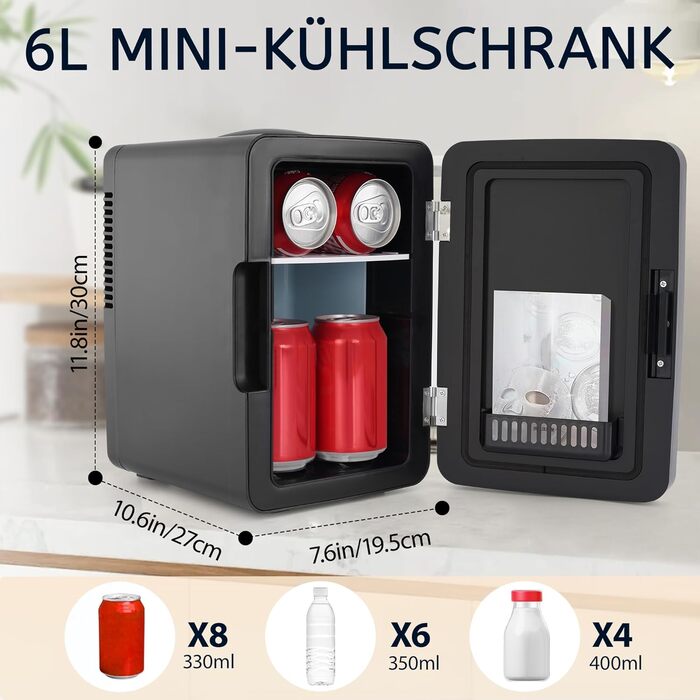Міні-холодильник 6л - 12V/230V, тихий, з дзеркалом та LED-підсвіткою. Холодильник для косметики та догляду, ідеальний для авто (чорний)
