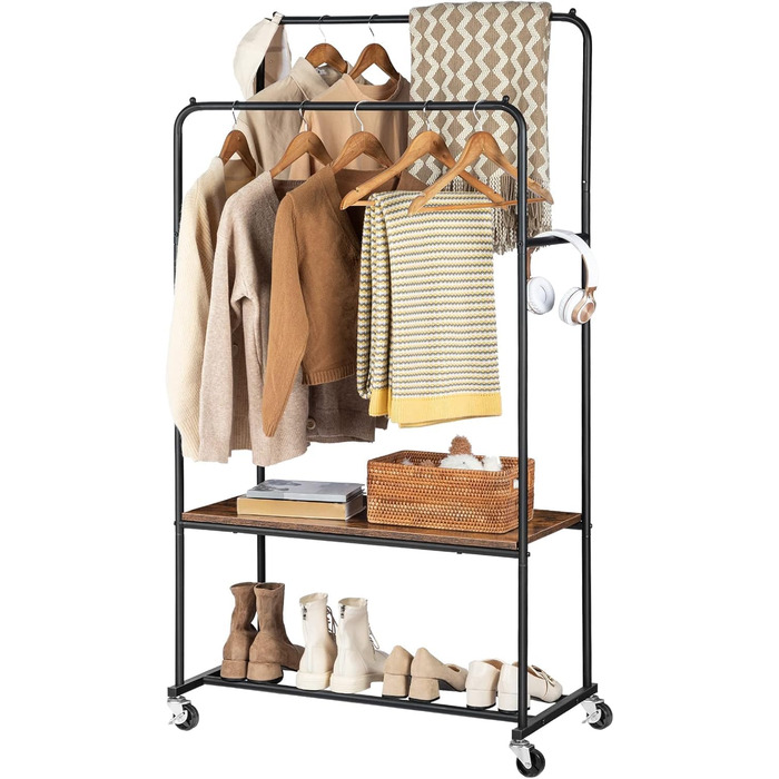 HOOBRO Clothes Rack with Wheels, Heavy Duty Clothes Rod, Garment Rack with 2 Clothes Rods and Shelf, Up to 100 kg Load Capacity, for Bedroom, Hallway, Dark Brown-Black EBF22LY01