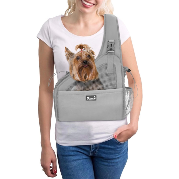 Dog-friendly sling carriers, hands-free travel bag for small pets with adjustable straps, hardboard base, safety belt, for dogs up to 2.8kg, wider version, gray