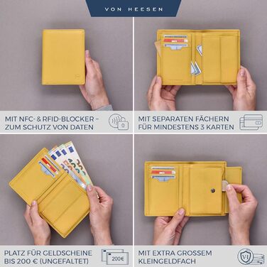 VON HEESEN Leather Wallet RFID Protection | Genuine Leather Wallet for Women & Men | Portemonnaie, Brieftasche, Wallet, Portmonee (Yellow)