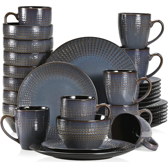 Stoneware Combination Service, vancasso GUTO Tableware Set, 32-piece Dinnerware Set with 8 Dinner Plates, Cake Plates, Bowls, and Cups each for 8 people