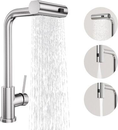 Кухонний змішувач BESy з 3 режимами струменя, висувна лійка, водоспад, поворотний на 360°, з нержавіючої сталі SUS304, для кухні