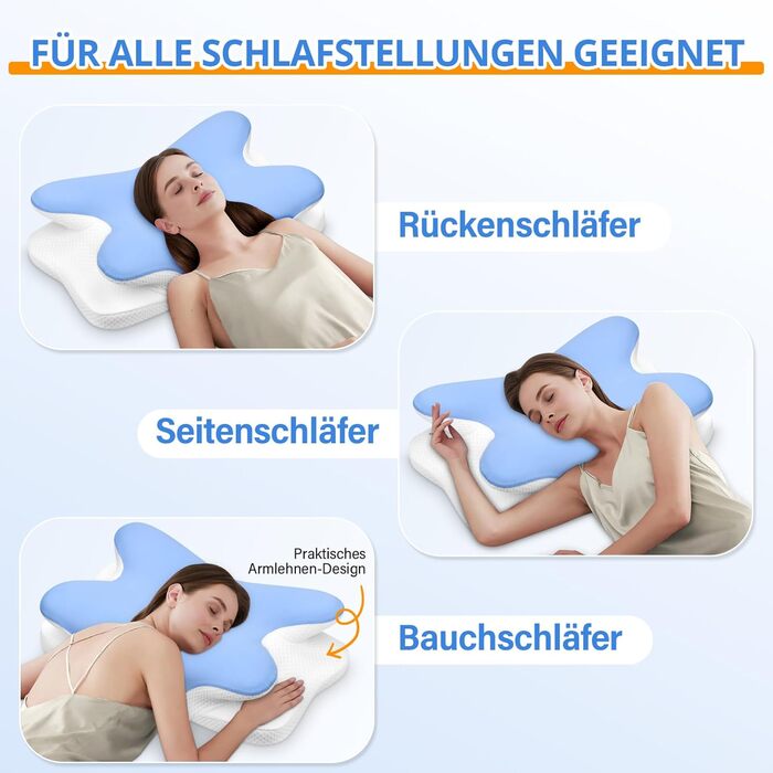 Подушка для шиї Ehomfory з Memory Foam, ергономічна для сну на боці, спині та животі, 67x37x9/12 см (Синя)