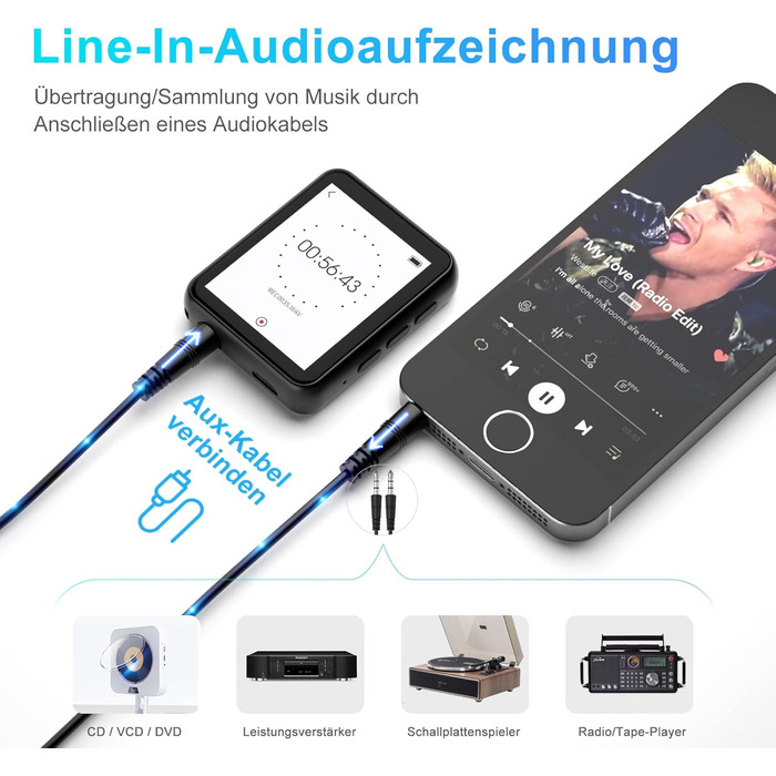 MP3 плеєр 32GB Bluetooth 5.0 з сенсорним екраном, Hi-Fi звук, радіо, диктофон, металевий корпус (Чорний)