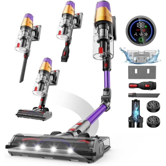 Бездротовий акумуляторний пилосос A12 з функцією миття підлоги, 8-в-1, 48Kpa, 550W, 70 хвилин, з сенсорним екраном, об'єм контейнера 1,5 л, док-станція для стін, підходить для килимів, авто, шерсті тварин, фіолетовий