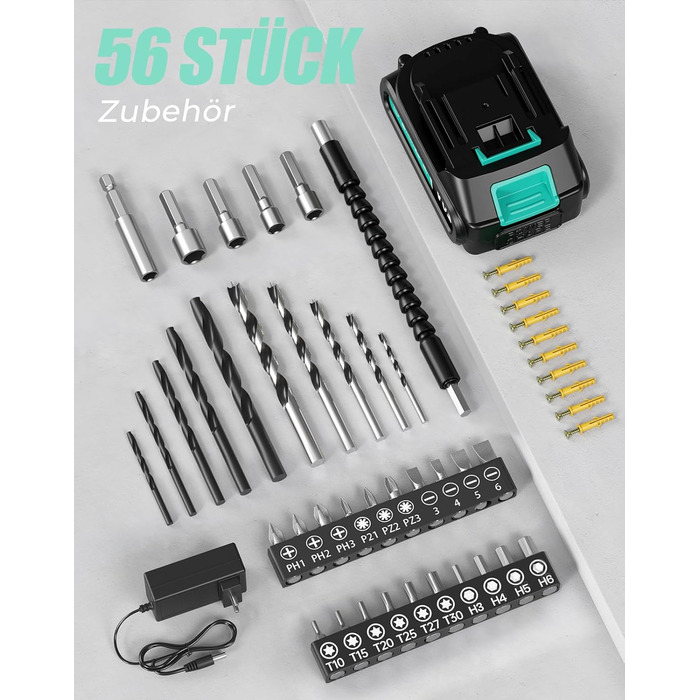 Акумуляторний шурупокрут-дрель 20V з 56 шт. насадок, 42Nm, LED-підсвічування, для дому та ремонту