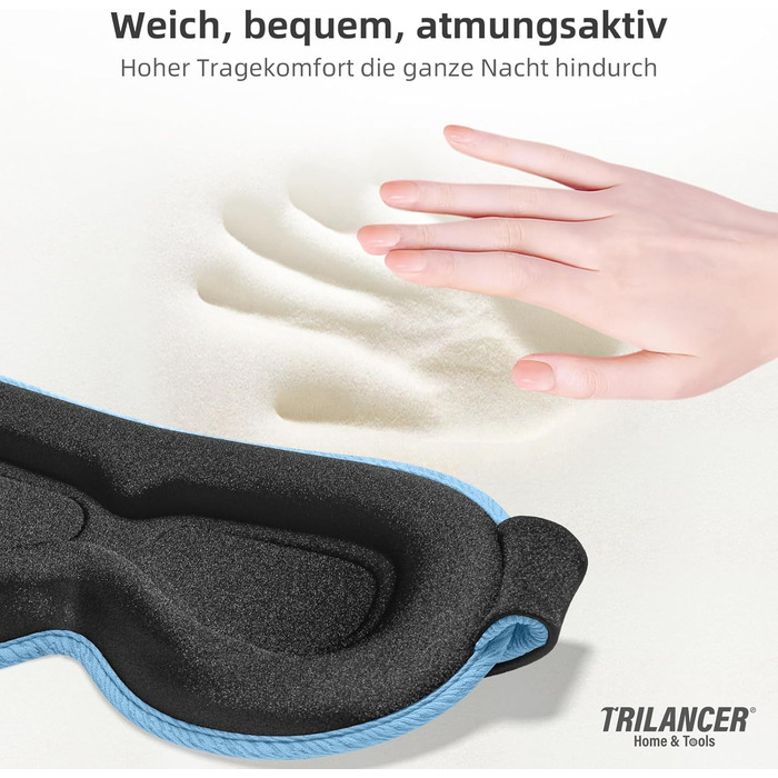 Маска для сну Trilancer з блокуванням світла 99.99%, 3D дизайн, комфортна для бічних снів, для відпочинку, медитації, подорожей та сну (Блакитна)